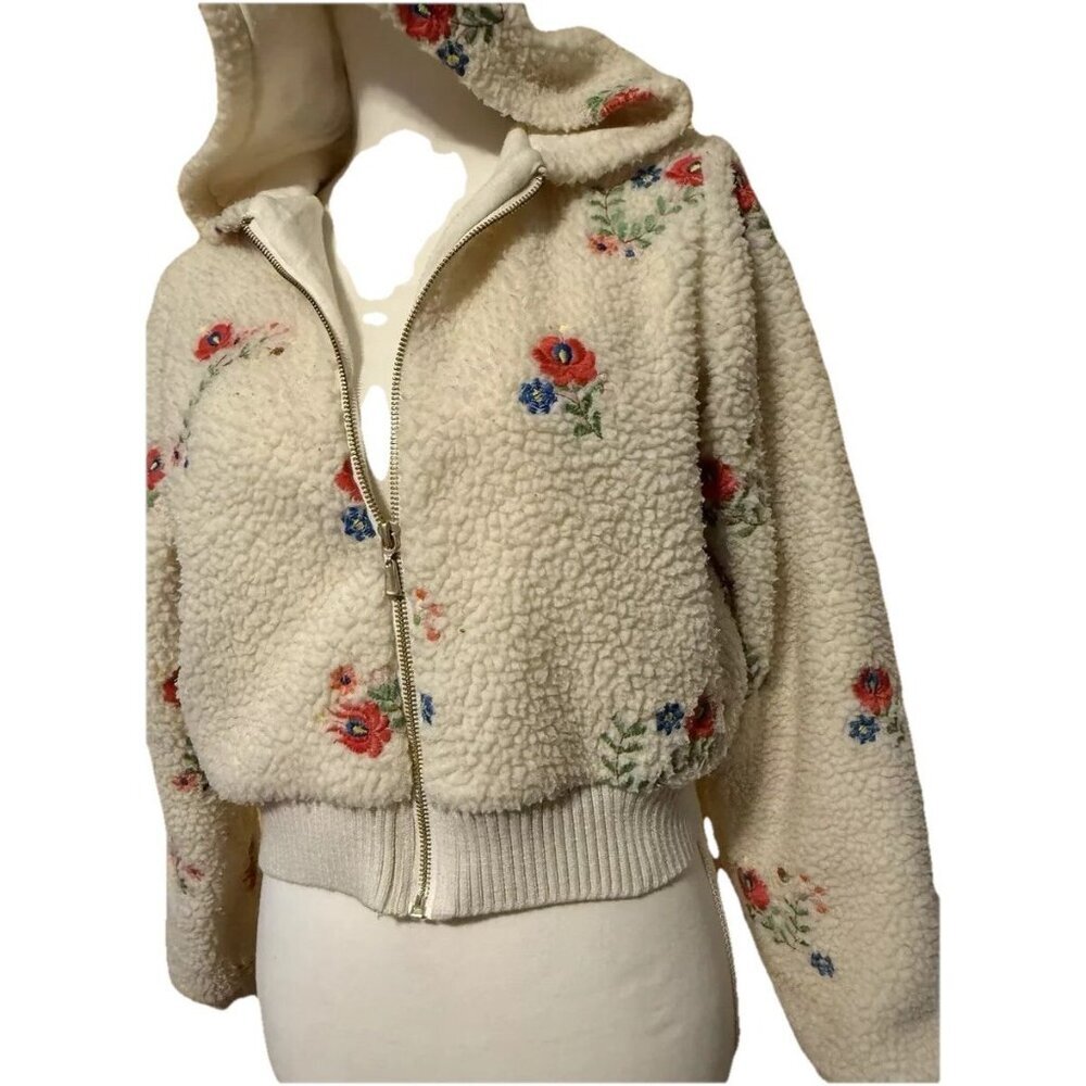 Urban Outfitter Sherpa Jacket Medium Nature Flower Hood‎ Ribbed Waistband Zipper